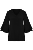 Plain V Neck Flare Tiered Sleeves Blouse