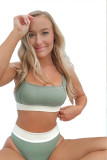 Green Color Block Open Back High Waist Bikini Swimwear