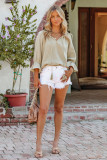 Green Textured Ruffled 3/4 Sleeve Drawstring V Neck Top