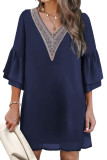 Plain V Neck Lace Edge Ruffles Sleeves Mini Dress