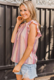 Pink Striped Print Crew Neck Ruffle Blouse
