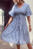 BLue V Neck Flower Flare Sleeves Splicing Dress