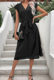 Black Tie Waist V Neck Sleeveless Dress