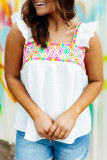 White Aztec Embroidered Square Neck Ruffle Tank Top