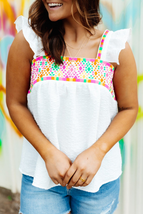White Aztec Embroidered Square Neck Ruffle Tank Top