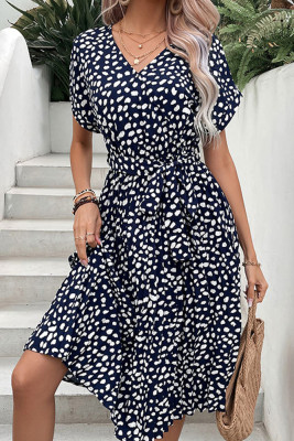 Navy V Neck Wrapped Tie Waist Pleated Dress