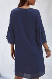 Plain V Neck Lace Edge Ruffles Sleeves Mini Dress