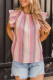 Pink Striped Print Crew Neck Ruffle Blouse