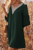 Plain V Neck Lace Edge Ruffles Sleeves Mini Dress
