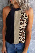 Black Leopard Color Block Casual Tank Top