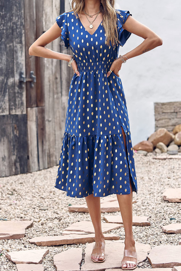 V Neck Foil Spot Print High Waist Midi Dress