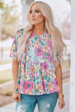 Multicolor Bohemian Flower Print Flowy Short Sleeve Top