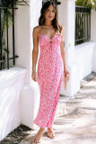 Pink Flower Print Front Cut out Maxi Dress