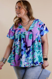 Blue Abstract Floral Print V Neck Plus Blouse