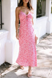 Pink Flower Print Front Cut out Maxi Dress