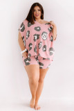 Plus Size Leopard V Neck Top and Drawstring Shorts Lounge Set