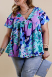 Blue Abstract Floral Print V Neck Plus Blouse
