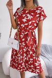 Leaf Print Pleated Midi Dress With Sash