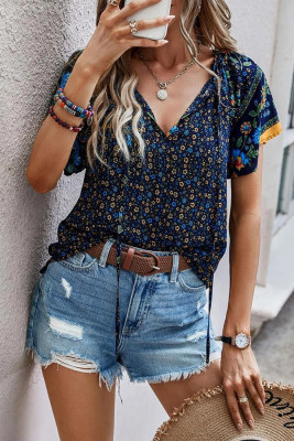 Flower Print Ruffle Sleeves Splicing Blouse