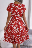 Leaf Print Pleated Midi Dress With Sash