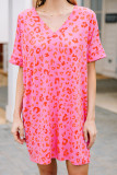 Pink Leopard Print V Neck Shift T-shirt Dress