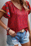 Flower Print Ruffle Sleeves Splicing Blouse