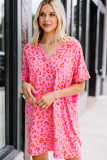 Pink Leopard Print V Neck Shift T-shirt Dress
