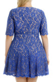 Blue Floral Lace Nude Illusion Plus Size Skater Dress