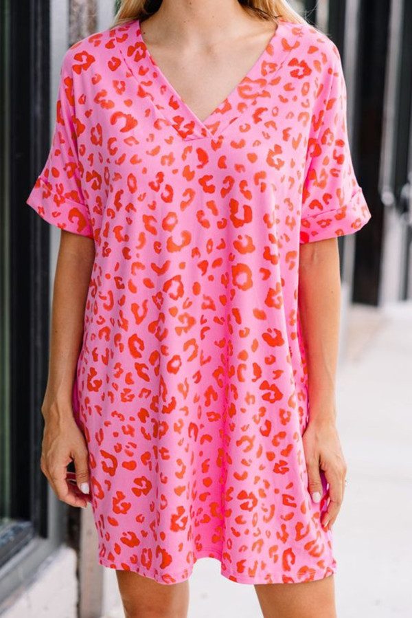Pink Leopard Print V Neck Shift T-shirt Dress