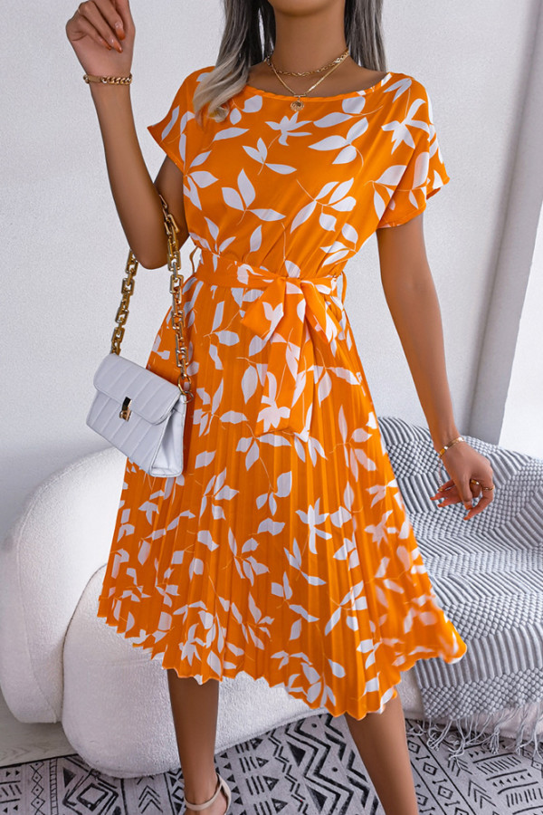 Leaf Print Pleated Midi Dress With Sash