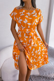Leaf Print Pleated Midi Dress With Sash