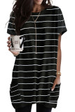 Black Striped Print Side Pockets Short Sleeve Tunic Top