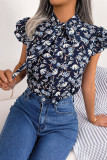 Tie Collar Flutter Sleeves Floral Blouse