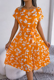 Leaf Print Pleated Midi Dress With Sash