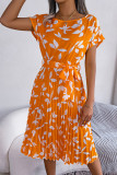 Leaf Print Pleated Midi Dress With Sash