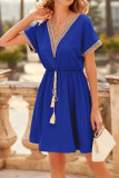 Plain V Neck Elastic Waist Mini Dress
