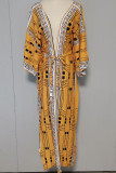 Geometric Print Open Kimono With Sash