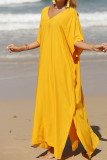 Plain V Neck Side Split Cover Up Beach Dress