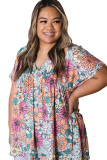 Multicolor Plus Size Summer Floral Print V Neck Blouse