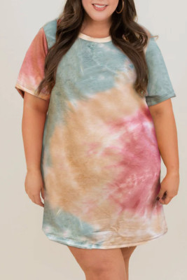 Multicolor Plus Size Tie Dye Slit T-shirt Dress