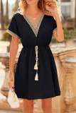 Plain V Neck Elastic Waist Mini Dress