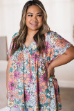 Multicolor Plus Size Summer Floral Print V Neck Blouse
