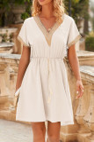 Plain V Neck Elastic Waist Mini Dress