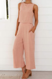 Plain Lien Tank Top With Wide Leg Pants 2pcs Set