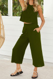 Plain Lien Tank Top With Wide Leg Pants 2pcs Set