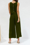 Plain Lien Tank Top With Wide Leg Pants 2pcs Set