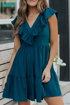 Blue Ruffle Trim V Neck Smocking Back Mini Dress