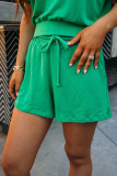 Plain Short Sleeves Top With Drawstring Shorts 2pcs Set