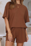 Rib Knit Striped Tops With Shorts 2pcs Set