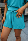 Plain Short Sleeves Top With Drawstring Shorts 2pcs Set